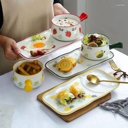Bowls Japanese Handle Ceramic Bowl Breakfast And Plate Home Creative Strawberry Salad One Person Dinner Dish Set