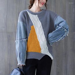 Suéteres femininos moda coreana suéter oversized denim splice plus size mulher pulôver vintage tops de malha 4xl 5xl