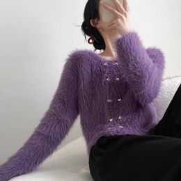 Women's Knits 2023 Autumn Winter Luxury Imitation Mink Knitted Cardigan Women O-Neck Long Sleeve Double Breasted Soft Mohair Warm Sweater