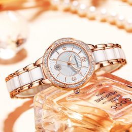 Wristwatches 2023 Ladies Watch Calendar Luminous Waterproof Pearl Ceramic Stainless Steel Strap Diamond