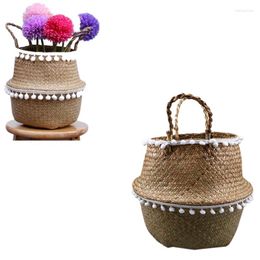 Storage Baskets S/M/L Handmade Bamboo Foldable Seagrass Woven Laundry Basket Garden Flower Pot Toys Container With White Tassel