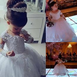 Girl Dresses Flower Girls A Line Jewel Long Sleeve Floor-Length Applique Lace Beaded Tulle White Birthday Christmas