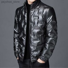 Men's Down Parkas Men's Bright Leather Fashion Down Jacket 2022 winter new Casual Stand Collar Short Men's White Duck Down Jacket grey blue black Q230831