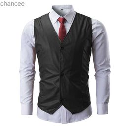 Idopy Mens Faux Leather Vest Business Classic PU Slim Fit Formal Single Breasted V Neck Waistcoat Sleeveless Jacket For Male HKD230831