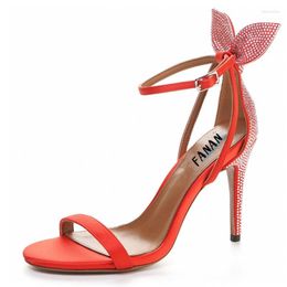 Sandals Womens Summer High Heeled Fashion Sandal Shoes Elegant Crystal Bow Tie Ankle Strap Open Round Toe Slip On