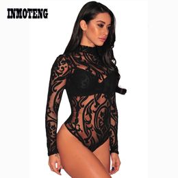 Women's Jumpsuits Rompers Black Stretchy Turtleneck Long Sleeve Sexy Lace Bodysuit Spring Autumn Mesh for Women Mono Mujer 230830