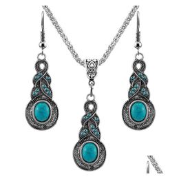 Earrings Necklace Vintage Turquoise Pendant Dangle Drop Set For Women Retro Natural Stone Fashion Jewellery In Bk Delivery Sets Dhant