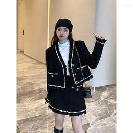 Work Dresses Ladies Autumn And Winter Retro Wind Jacket Skirt Sets V-neck Black Small Fragrance Two Piece Womens Outifits