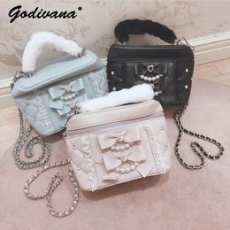 Cosmetic Bags Cases Japanese Style Beaded Furry Portable Shoulder Bag Pearl Bow Bucket Sweet Cute Barrel Shape 230831