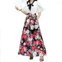 Skirts Women Autumn Maxi Printed Skirt Female High Waist Pleated Streetwear Plus Size Big Hem Long With Pocket Clothing