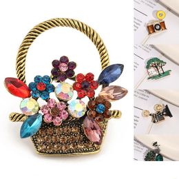 Pins Brooches Luxury Rhinestone Flower Basket Brooch Vintage Colorf Metal Pins For Women Casual Party Jewelry Gifts Dress Accessories Dh8Rc