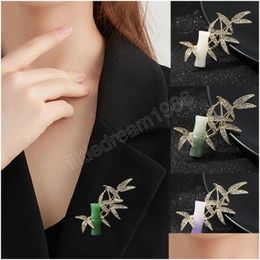 Pins Brooches Trendy Green Bamboo For Women Men Vintage Metal Zircon Leaves Brooch Uni Suit Coat Pins Jewellery Clothes Accessories Dro Dh9Jh