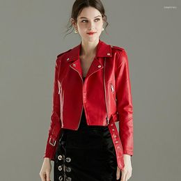 Women's Leather 2023 Women Jackets Coats With Belt Outerwear Faux Pu Lady Bomber Motorcycle Biker Pink Yellow Black Short