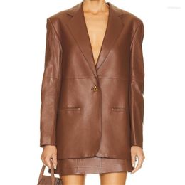 Women's Leather Jacket Women 2023 Autumn Korean Fashion Metal Button Decoration Coat Y2k Artificial Long Sleeved Top