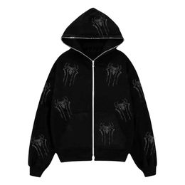 Y2K European and American retro loose zippered hoodie Men's top Spider rhinestone printed fashion jacket Gothic casual sports jacket