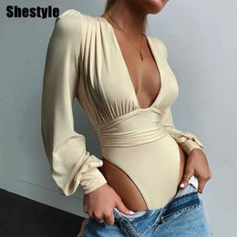 Women's Jumpsuits Rompers Shestyle Deep V Neck Lantern Sleeve Sexy Elegant Tight High Waist Ruched Solid Arrivals Fashion Button Thong Bodysuit 230830