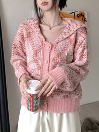 Womens Sweaters KIMOKOKM Kawaii Sweet Girl Vintag Sailor Collar Lazy Style Knitting Cardigan For Women Singlebreasted Sweetheart Pink Sweater 230831