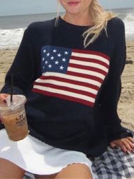 Womens Sweaters Y2K Women Winter Vintage Ladies American Flag Knit Sweater Aesthetics Long Sleeve Oversize Pullover Tops Clothes