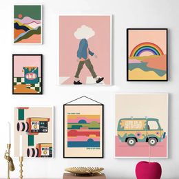 Cartoon Abstract Colorful Poster Quirky Rainbow Sky Car Canvas Painting Print Nursery Wall Mural Picture Living Room Bedroom Home Decor No Frame Wo6