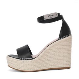 Dress Shoes Platform High Wedge Heels Sandals Women Thick Sole Grass Woven Heel Soles One Line Strap Cow Leather Fashion Summer