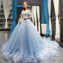 Real Image Princess Quinceanera одевает линию от плечевого кружевного 3D Applique Sweet 16 Sweep Train Blackless Prom Party Plating 2024