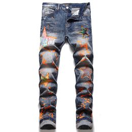 Paint Printed Men's Jeans Spring Casual Stretch Slim Embroidery Pants Pantalones Para Hombre Vaqueros229d