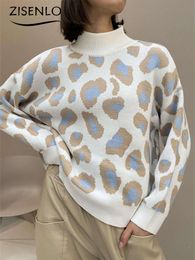 Women's Hoodies Sweatshirts Sweater Woman Autumn Winter Leopard Print Half Turtleneck Trendy Loose Long Sleeved Pullover Jerseys Knitwears Tops 230830