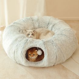 kennels pens 2 In 1 Round Cat Beds House Funny Cat Tunnel Toy Soft Long Plush Dog Bed For Small Dogs Basket Kittens Bed Mat Kennel Deep Sleep 230831