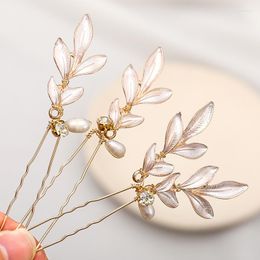 Hair Clips FORSEVEN Gold Color Simple Leaf Crystal Pearls U Shaped Hairpins Forks Sticks For Bride Noiva Wedding Decor