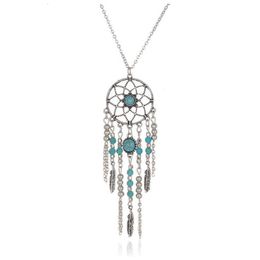 Pendant Necklaces Bohemia Style Retro Tassel Feathers Turquesa Necklace 78cm Dream catcher Sweater For Women Girl 230831