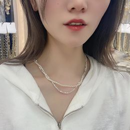 Fragmented Silver Pearl Double Layer Necklace Fashion Network Red New Versatile Collar Chain Trend