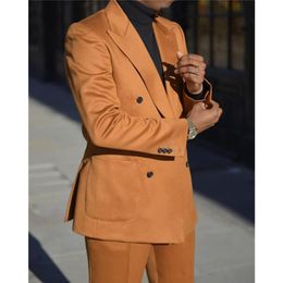 Men's Suits & Blazers Orange Double Breasted Mens Slim Fit Party Wear Two Pieces Formal Business Occasion Peaked Lapel Coat P253m