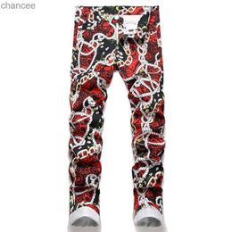 Men Chain Flower Leopard Print Jeans Fashion Digital Painted Stretch Cotton Denim Pants Slim Tapered Trousers LST230831