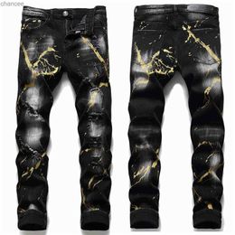 Light Luxury Mens Graffiti Prints Ripped Jeans Slim-fit Scratches Black Jeans White Wash Stretch Denim Pants Casual Jeans; HKD230829