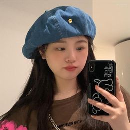 Berets Denim Hat Retro Casual Spring And Summer Shade Painter Cap Korean Alphabet Blue Beret Women's Cloud Hats