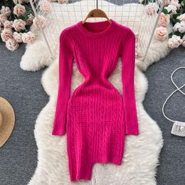 Casual Dresses Chic Sexy Long Sleeve Irregular Elastic Bodycon Dress Korean Fashion Knit Vestidos Slim Women Autumn Winter Pencil Sweater