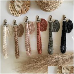 Keychains Lanyards Boho Handmade Woven Rame Keychain With Leaf Charm //Designer Bag Accessories //Key Ring Chain/Tiny Keyring-10 Col Dhfau