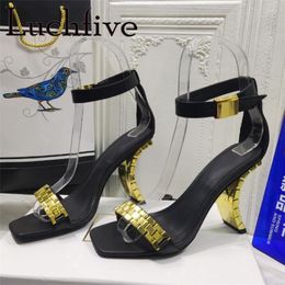 Sandals Summer Metal Watch Strap Decorate Square Toe Peep Strange Style High Heels Ladies Pumps Fashion T-Show