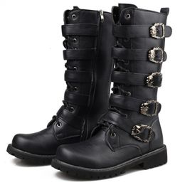 Boots Men Motorcyclist Military Tactical Metal Punk Style Man Rock Mid Calf Gothic Large Size Leather Mens Shoes 230831