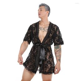 Men's Sleepwear S-2XL Men Lace S-Through Floral Loose T-back Belt Long Nightgown Slpwear Smooth Comfortable Short Slve Bathrobe