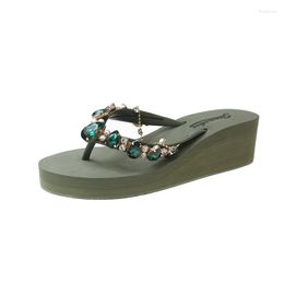 Slippers 2023 Summer Style Women Outsides Rhinestone With Chain Wedges Slides Flip Flops Adult PU Sandals