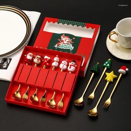 Dinnerware Sets Santa Claus Stainless Steel Plastic Coffee Spoon Dessert Fruit Fork Gift Box Set Christmas Gifts