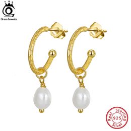 Hoop Huggie ORSA JEWELS 14K Gold Over Genuine Sterling Silver Hammered Dangle Earrings with Real Natural Irregular Freshwater Pearls GPE16 230831