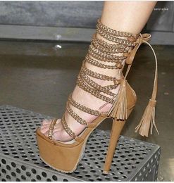 Sandals Factory Real Po Brown Black Chain High Platform Lace-up Dress Shoes Metal Decorated Fringe Nightclub Sexy