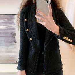 Women's Jackets Women Elegant Slim Fit Double Breasted Tweed Jacket Tassels Office Ladies Padded Suit Coat Vintage Business Work Black