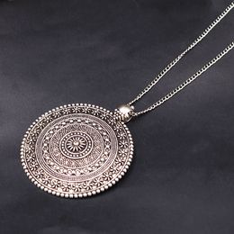 Pendant Necklaces 1pc Silver Plated Large Mandala Flower Pattern Charm Bohemian Style Metal Round Tag Necklace DIY Vintage Jewellery Crafts Gift 230831