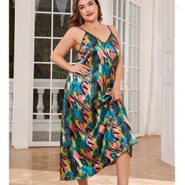 Women's Sleepwear Plus Size Long Nightgown For Women Sexy V-Neck Suspender Nightdress Summer Silk Satin Loose Print Homewear Lounge Wear