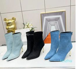 Denim Ankle zip Boots pointed toe Stiletto heels booties printed leather sole women' luxury designer Chelsea boot factory footwear Size 35-42 with box