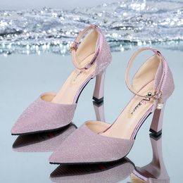 Dress Shoes 2023 Autumn Line One Buckle High Heel Pointed Sequin Single Thin For Women Womenshoes