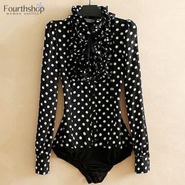 Women's Jumpsuits Rompers Fashion Polka Dot Print Bodysuit Women Black Body Shirt Long Sleeve Blouses Female Korean Ruffles Romper Tops 230830